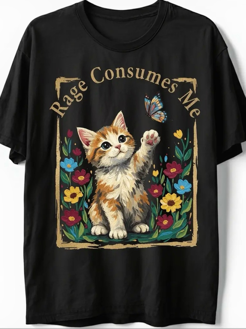 Black Cat Graphic Tee with Colorful Kitten and Butterfly